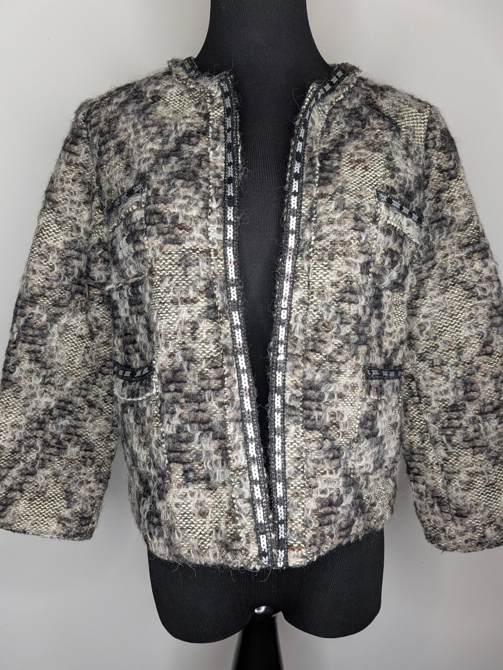 Grey Zara Knitwear Wool Alpaca Blend Boucle Knit Jacket Coat Sz M Pockets Sequin